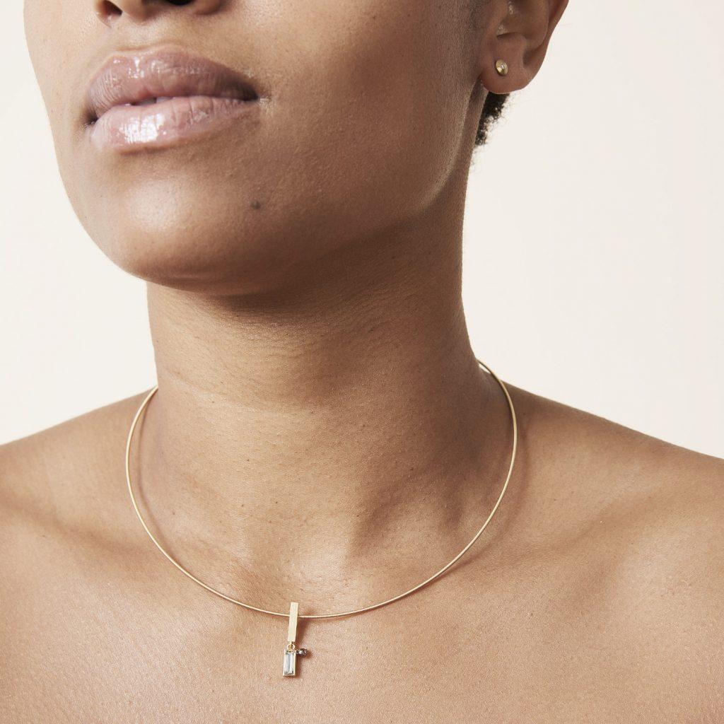 Linear Pendant Baguette Diamond and Briolette Drop, Fairmined Gold by Cox and Power Jewellers London