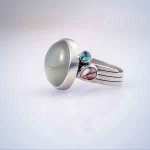 Lunar Ring with Moonstone, Diamond and Green Tourmaline in Fairtrade and Fairmined Platinum